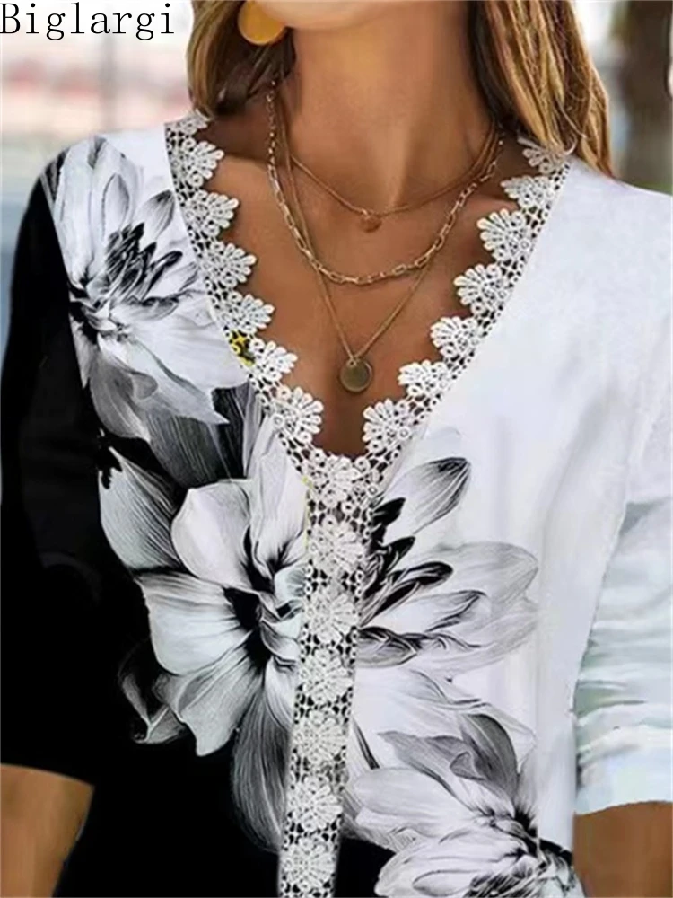 

Блузка женская кружевная с принтом, на осень, 2022