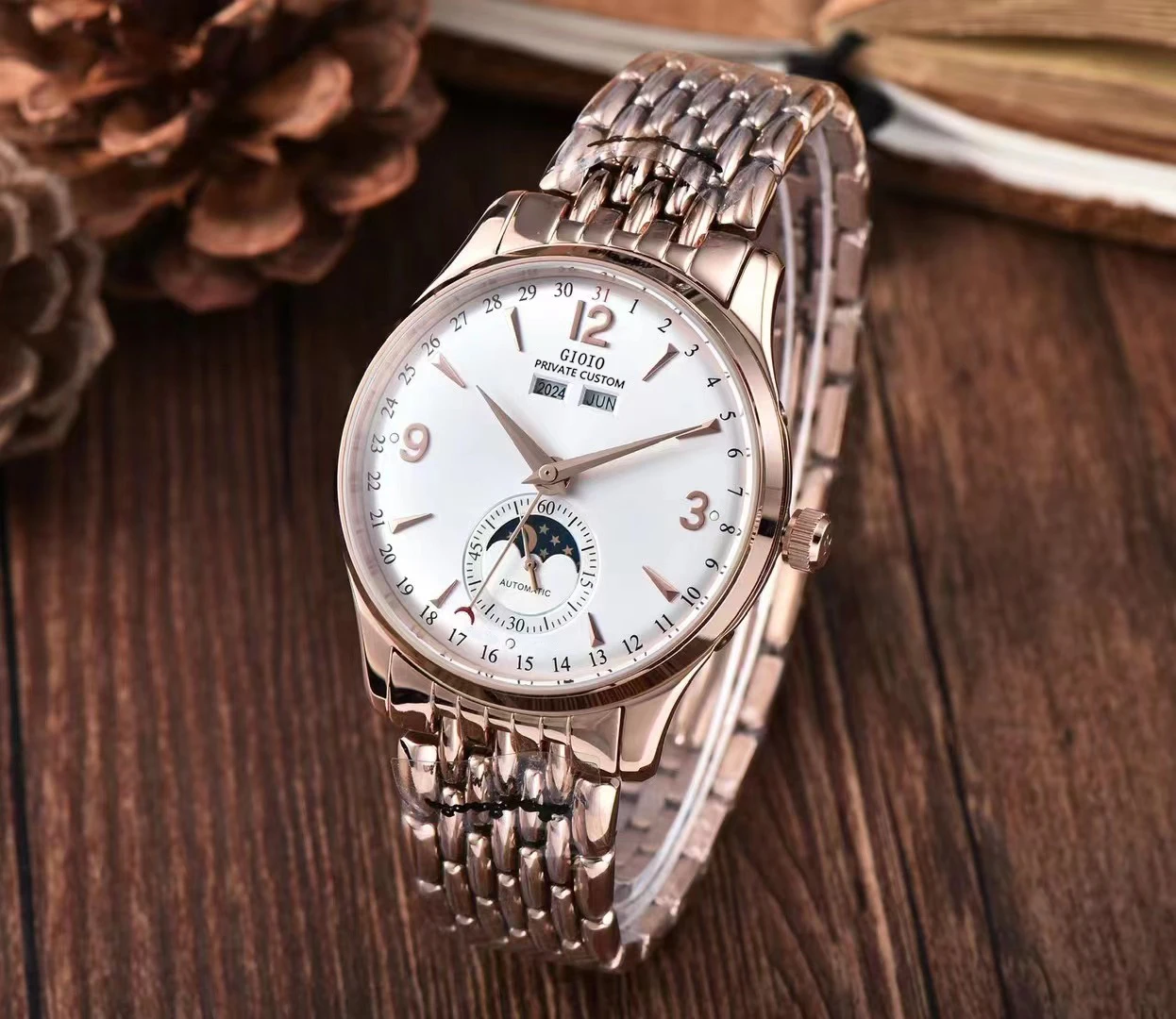 

Luxury Mens Automatic Watch Mechanical Sapphire Moon Phase Year Month Rose Gold Black Blue Luminous