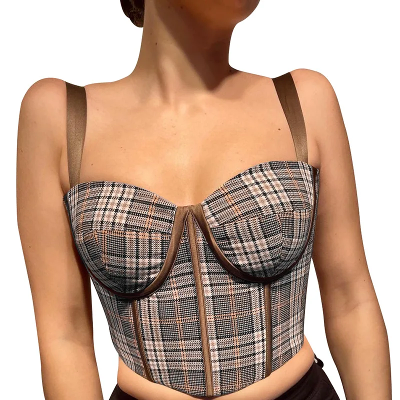 

2022 New Plaid Camisole Women High Quality Crop Top Bustier Bra Nightclub Party Tank Top Plaid shocks bustier top woman t-shirt