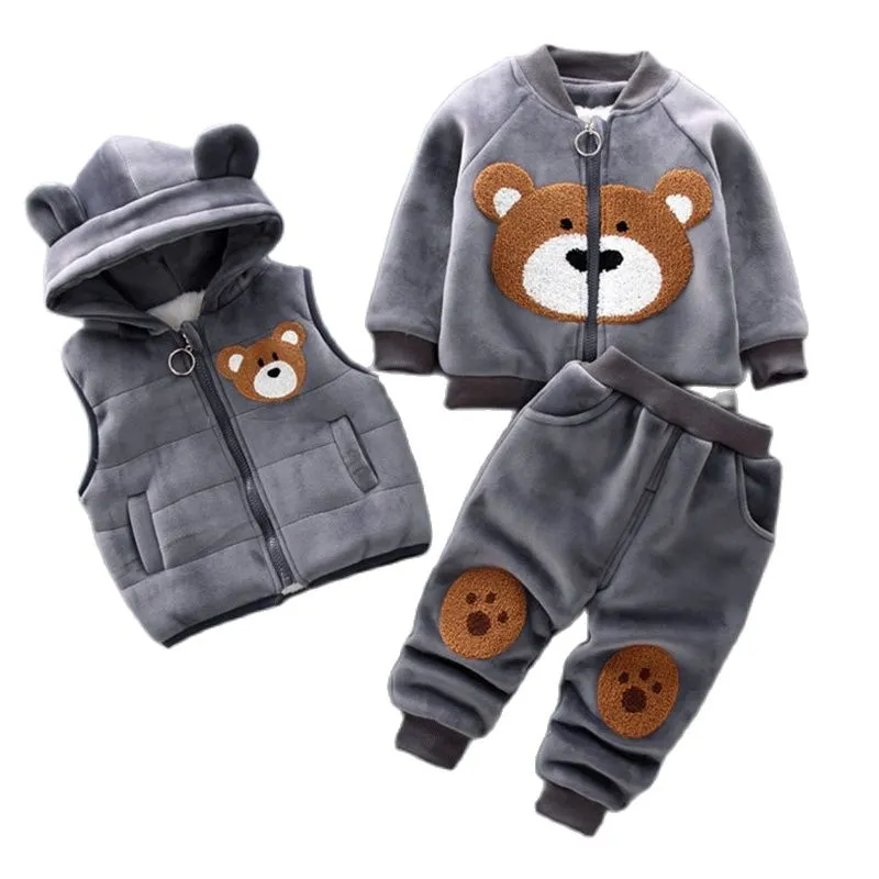   가을 겨울 아기 남아용 의류 세트, 두꺼운 양털 만화 곰 재킷, 조끼 바지, 여아용 면 스포츠 수트, 따뜻한 의상, 3 개 
