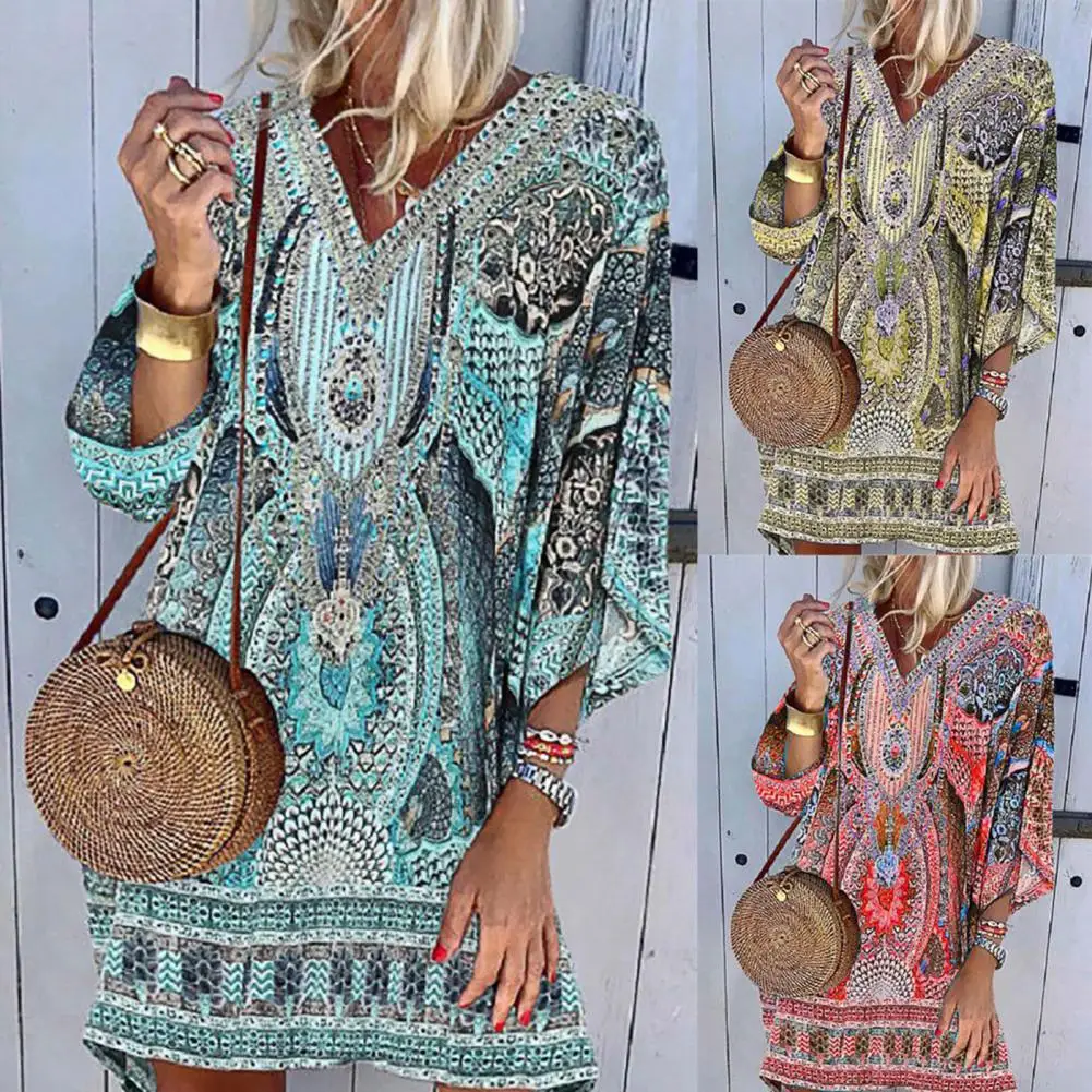 

V-neck 3/4 Sleeves Shift Design Holiday Dress Ethnic Style Bohemia Retro Print Woman Dress Female Clothes