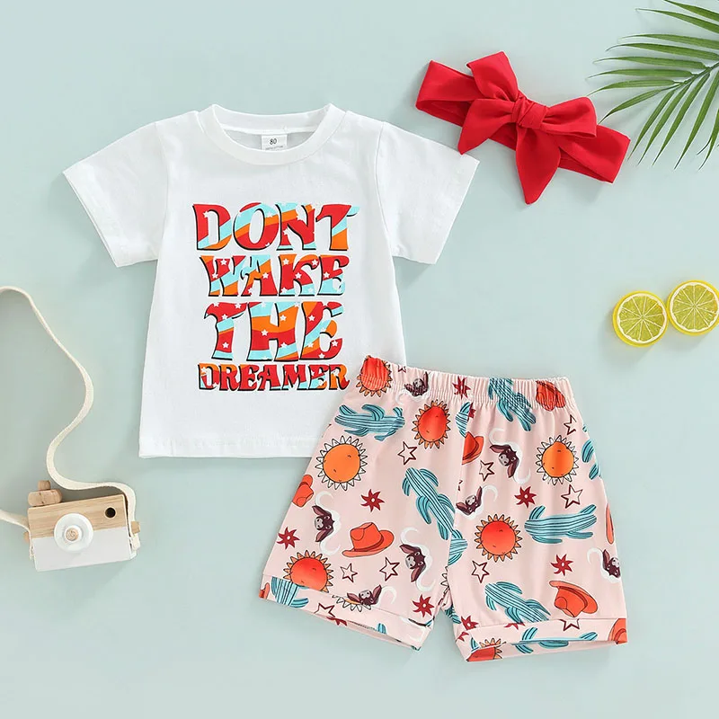 

Комплект детской одежды из 3 предметов для девочек, модные летние шорты с коротким рукавом и круглым вырезом и повязка на голову для вечерин...