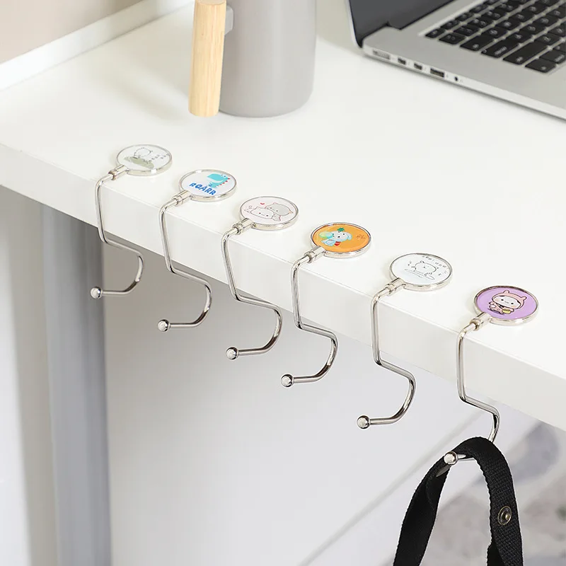 

6pcs Cartoon Table Side Hooks Multifunctional Portable Handbag Hook Foldable Metal Table Hook Desktop School Bag Organizer