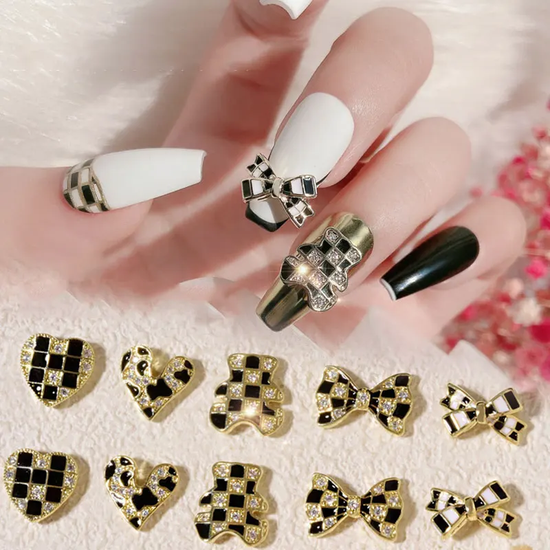 

New 5Pcs Black Gold Nail Art 3D Bow Knot Bear Nail Charms Diamond Checkerboard Nails Accessories Diy Decoration Shiny Manicure