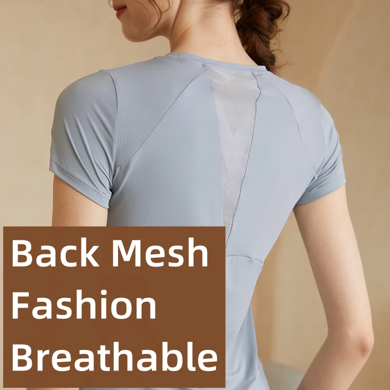 Summer Woman Back Mesh Short Sleeve Breathable Shirt Jersey Yoga Sports T Shirt Fitness Women's Gym Running Black Tops Tee