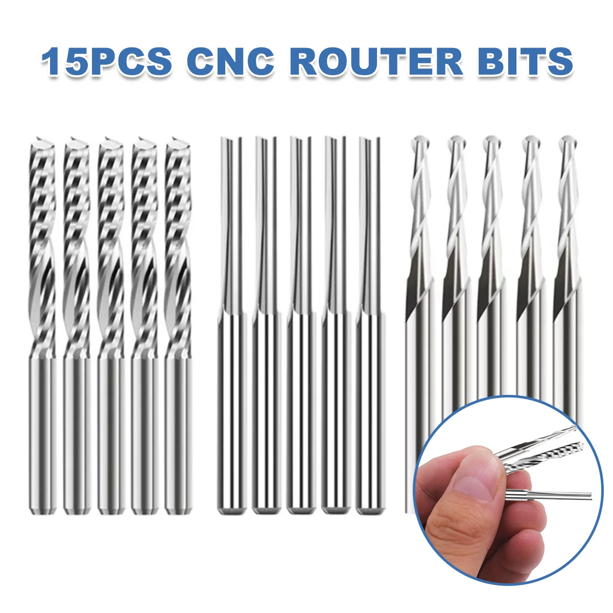 

15Pcs End Mill Engraving Router Bit Set 2.0/3.175mm Shank Flute Ball Nose End Mill Flute Straight End Mill Single Flute End Mill