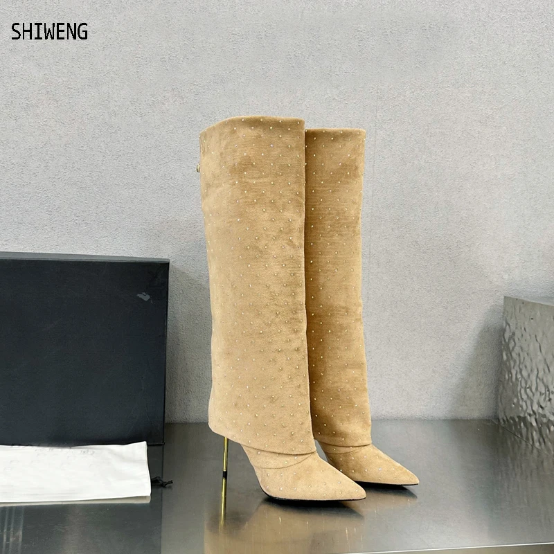 

2023 Autumn Winter Fashion Brand Boots Women Elegent Fold Knee High Boots Woman Matel Heel Folded Thin High Heel Long Boots