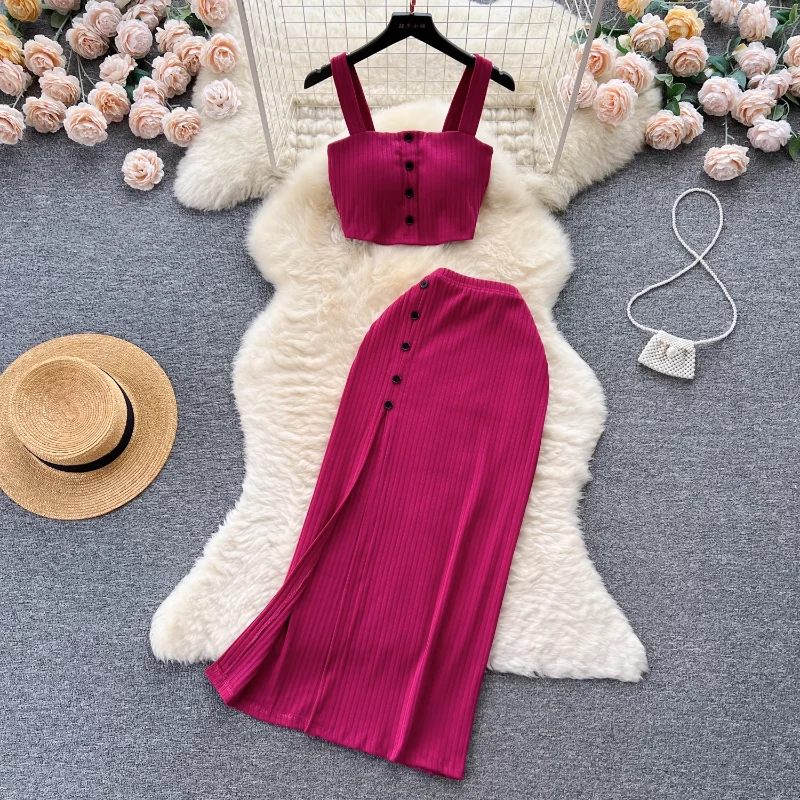 

Summer Skirts Suit Women Fashion Short Bra Camisole Tops with High Waist Slim Split Skirt Sets Two Piece Sets Womens Outifits