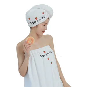 New Coral Fleece Embroidered Bath Skirt Shower Cap Set Thickened Absorbent Wearable Tube Top Bath Towel Dry Hair Cap Women Robe