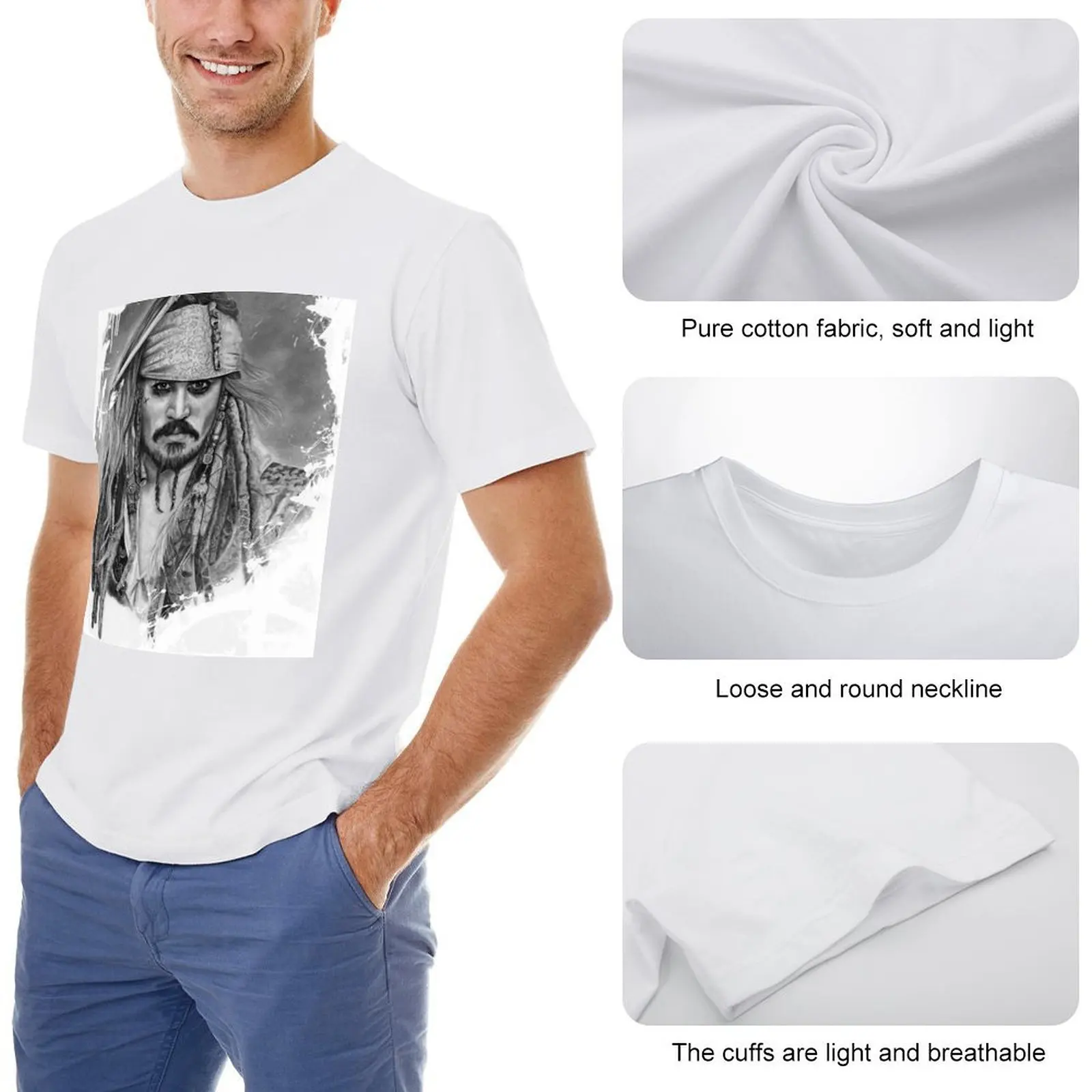 Футболка с графитовым рисунком Капитан Джек Воробь одежда в стиле хиппи блузка