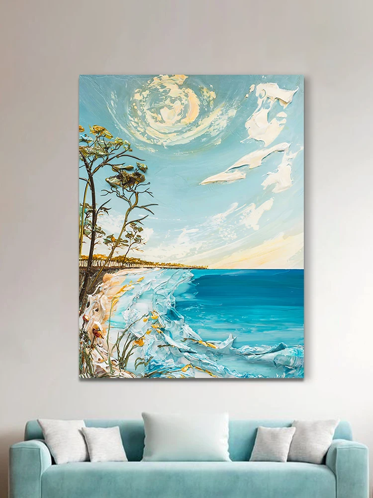 

100% Hand-painted Oil Painting Modern Seascape Blue High-end Home Decoration Living Room Bedroom Porch Corridor Mural Wall Art