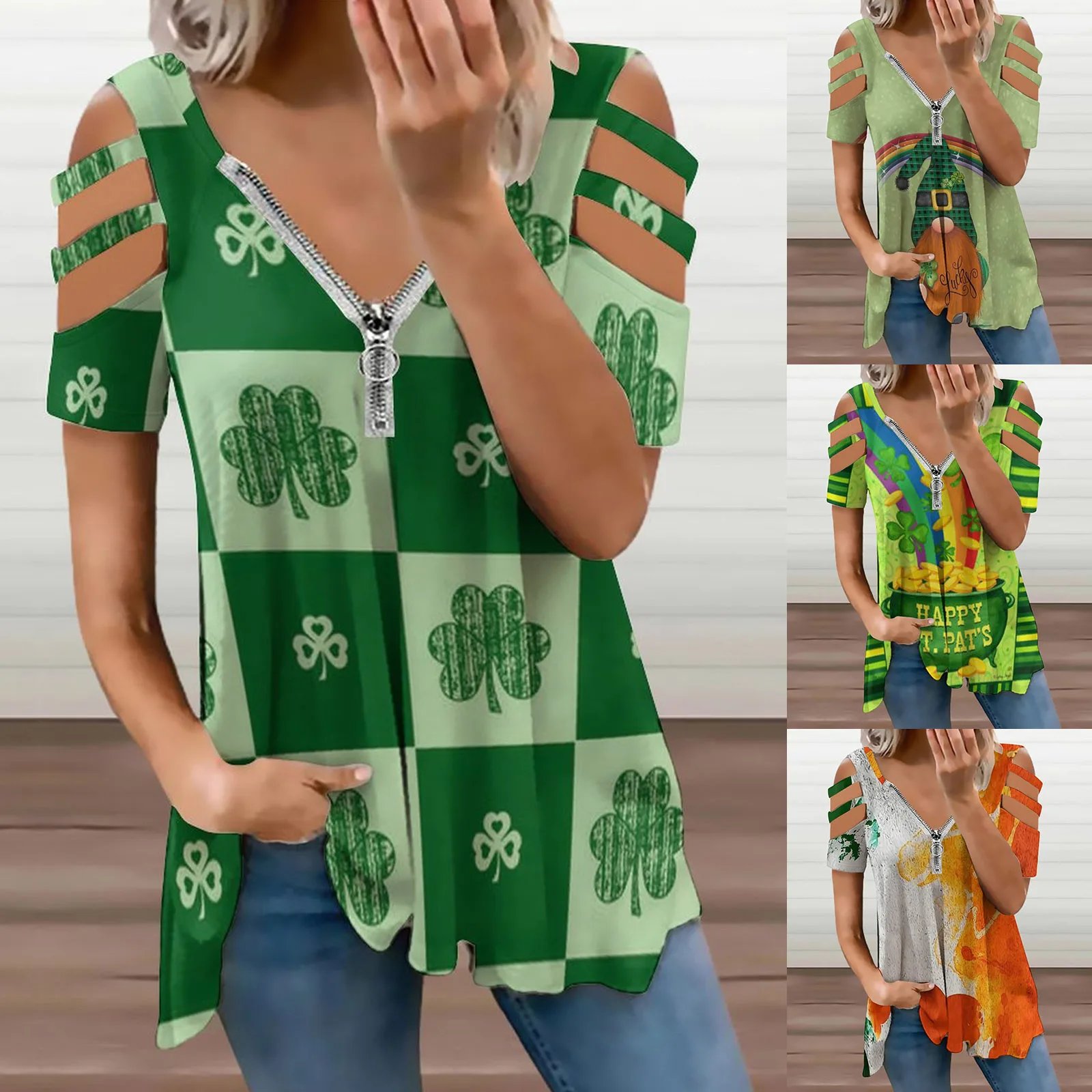 

Женский пуловер на молнии, с коротким рукавом и V-образным вырезом