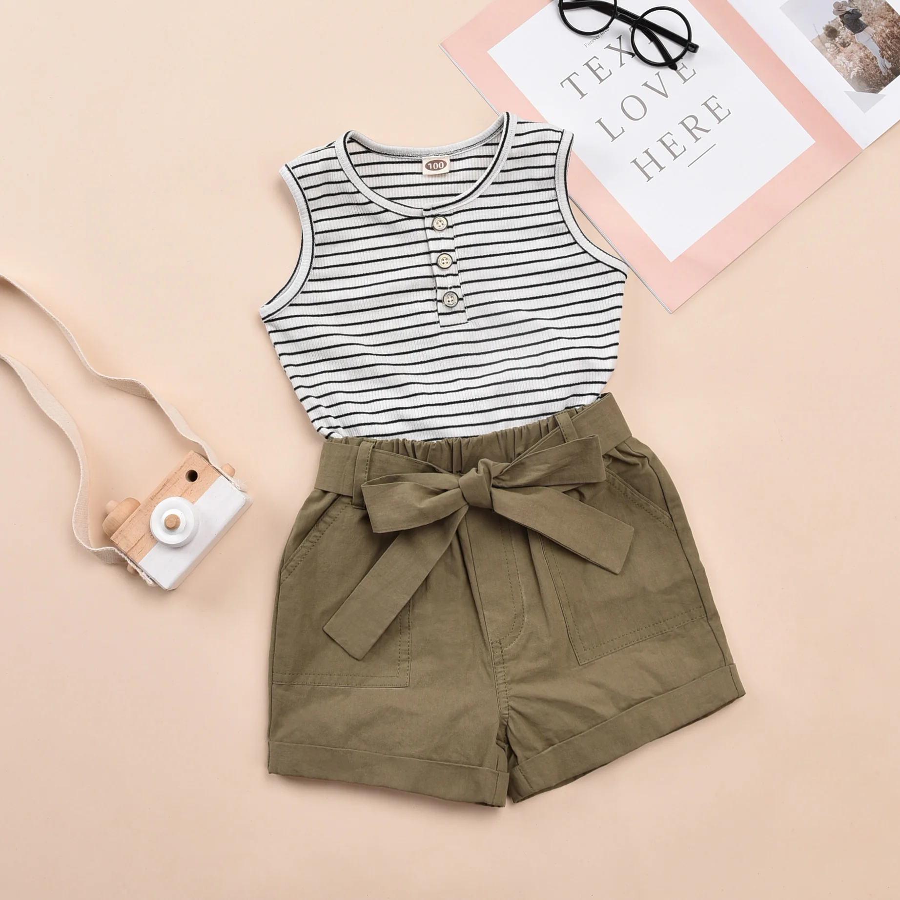 

Костюм для девочек 1-4 лет, повседневный топ в полоску с круглым вырезом и шорты