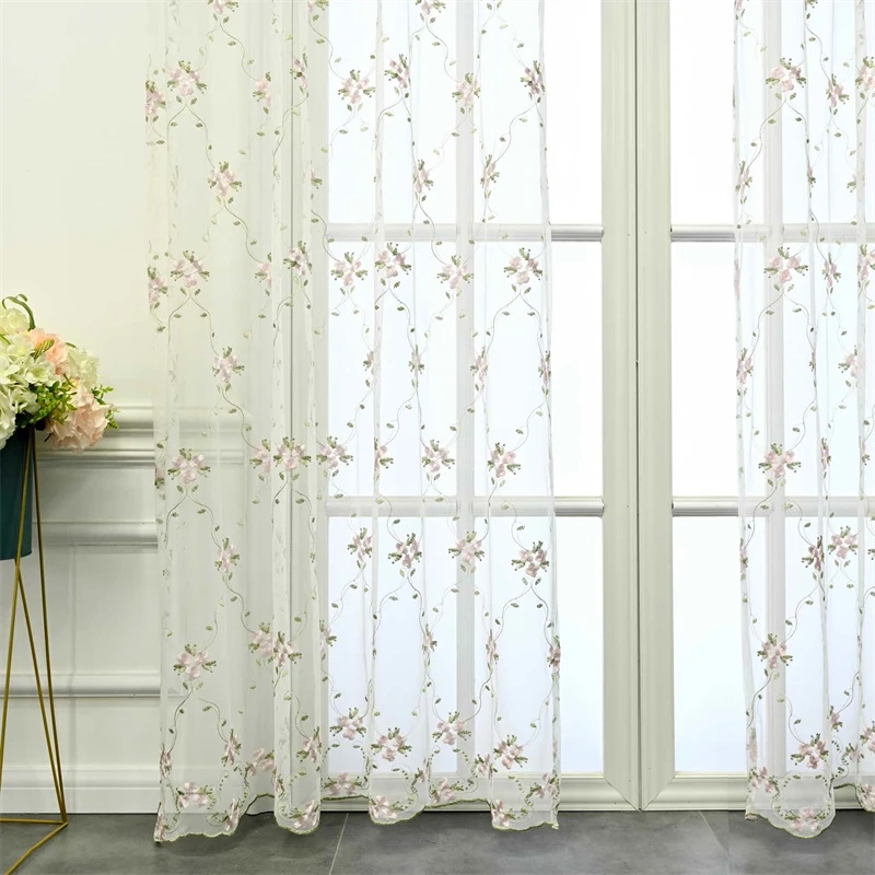 

Pastoral Pink Flower Mesh Lace Embroidery Sheer Tulle Bedroom Curtains For Living Room Balcony Window Voile Drapes Cortinas