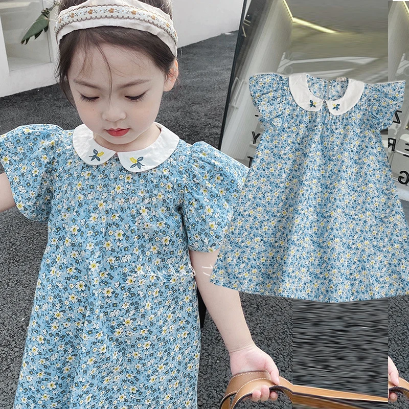 

Новинка 2022, модные платья для девочек, синее Хлопковое платье с цветочным принтом, детское пасторальное стильное маленькое свежее детское п...