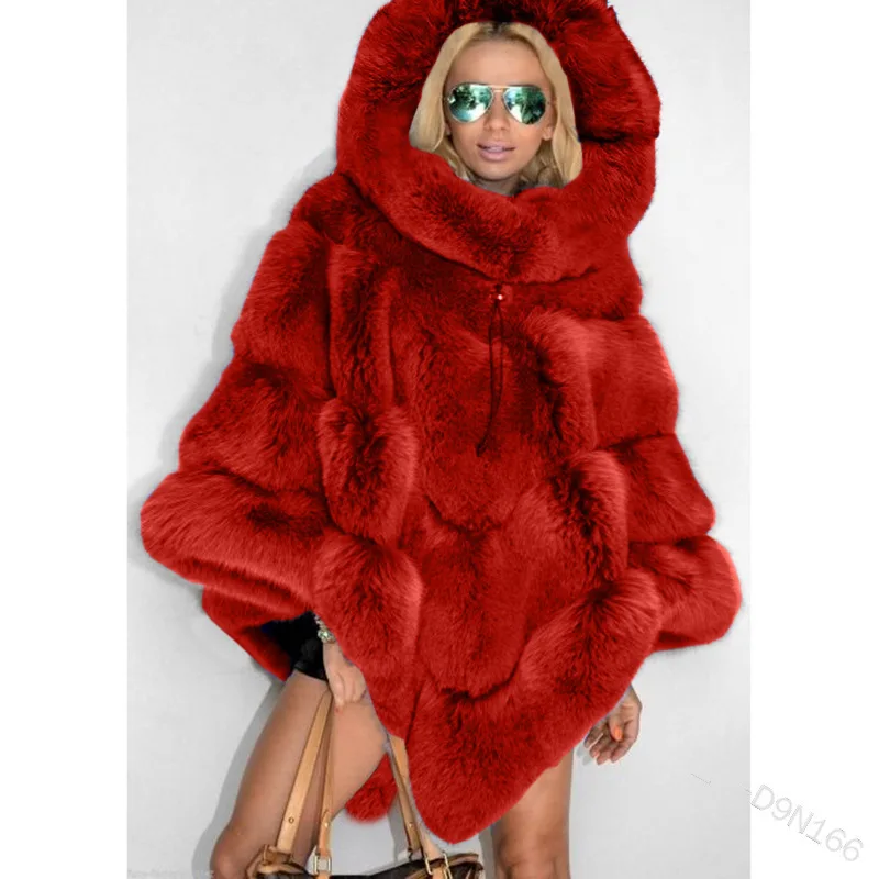 Women's Leather Fur Coat Hooded Imitation Fur Stitching Baggy Coat Fashion Cloak Women Faux Fur Coat