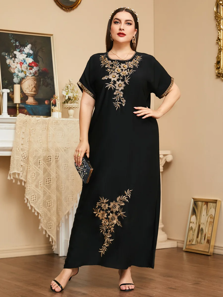 Large women's elegant embroidered beaded short sleeve dress long skirt plus size dresses