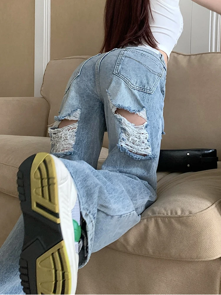 2023 Spring Clothes Summer Set Wide Leg Pants Women's High Waist Sexy Loose Jean Y2k Streetwear Women Ripped Blue Straight Jeans
