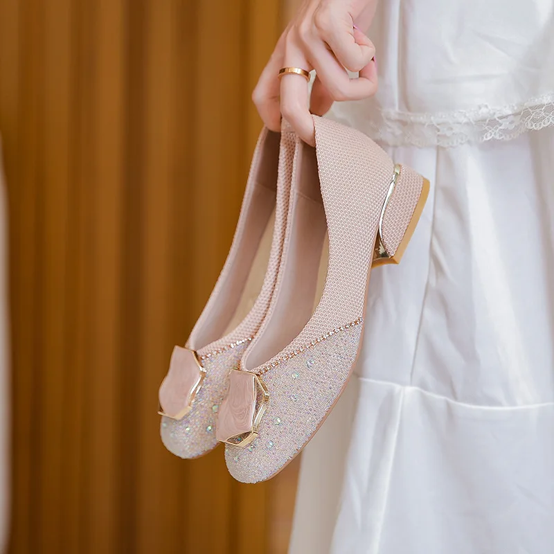 

3cm New Fashion Sequins Pumps with Rhinestone Thick Low Heels Ladies Dress for Women Shoes 41 42 43