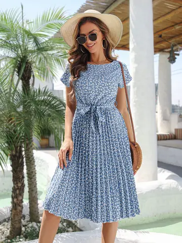 New Women Summer Floral Print Pleated Long Dress Fashion High Waist Lace Up Short Sleeve Dress Casual Beach Party Loose Vestidos