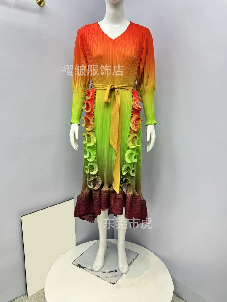 EGRM Miyake плиссированное платье с оборками и поясом платья градиентом на талии