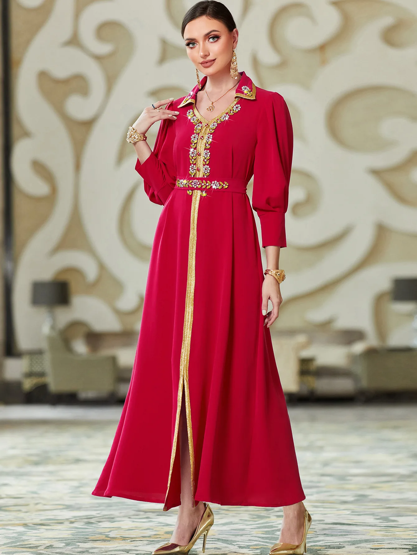 Women's Spring and Summer Muslim Little Turtleneck Fashion Flower Sewn Diamond Long Skirt Middle Eastern Dubai Arabite Dress