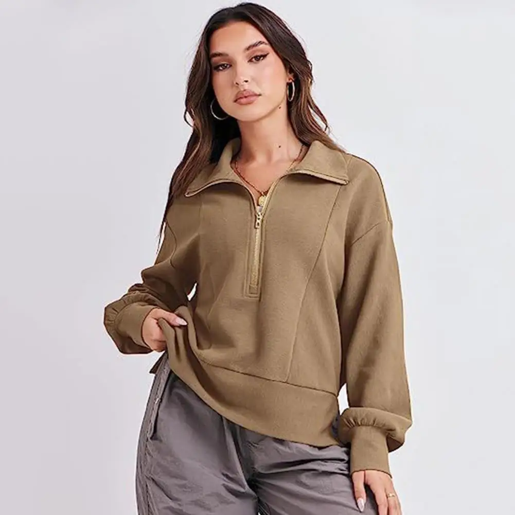 

Women Zipper Neckline Sweatshirt Autumn Streetwear Women's Loose Fit Pullover Tops with Large Lapel Zipper Neckline Solid Color