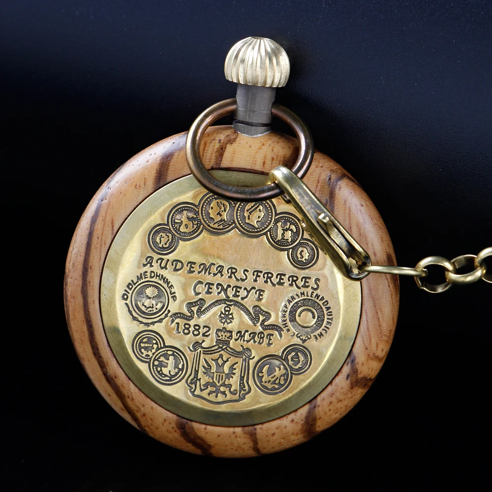 New Wooden Sculpture Roman Digital Mechanical Pocket Watch Vintage Hollow-Out Case Analog Skeleton Men's Mechanical Pocket Watch