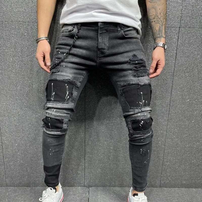 2022 New fashion hot sticker elastic small foot super elastic European and American men's ripped printed jeans