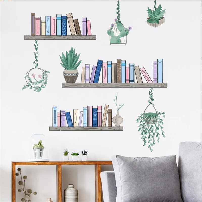 

90*30CM Bookshelf Greens Plant Reading Room Decor Art Home Decor Wall Sticker Vinyl Interior Decoration House Bedroom Decals