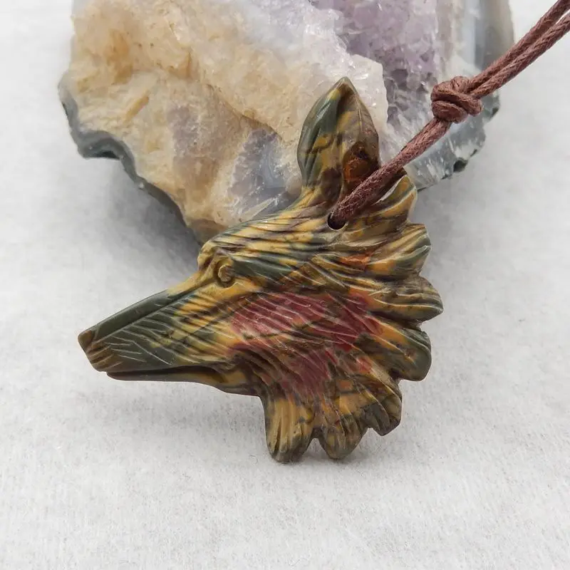 

Handmade Jewelry Carved Animal Pendant Bead Natural Stone Multi-Color Picasso Jasper Wolf Head Necklace Accessories 37x36x5mm 6g