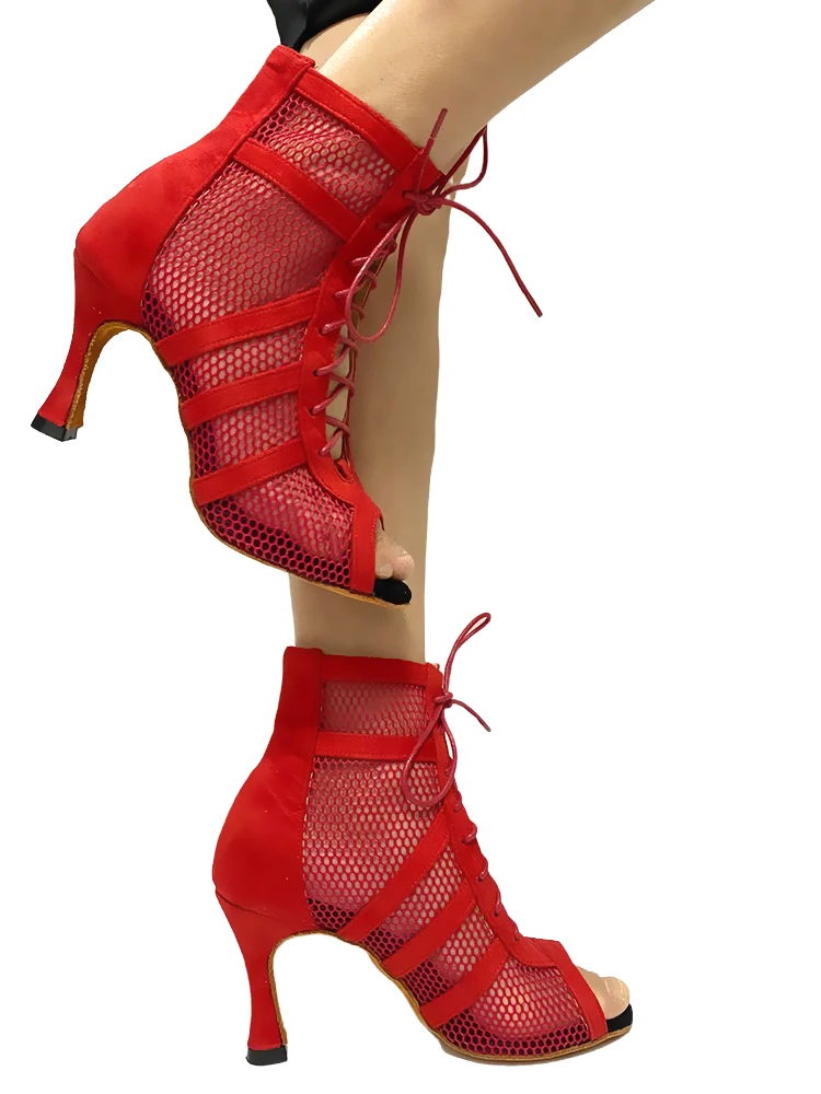 Red Salsa Dance Booties Women Latin Dance Shoes Suede Soles   Latin Ballroom Outdoor Indoor Dance Shoes For Dancing High Heels