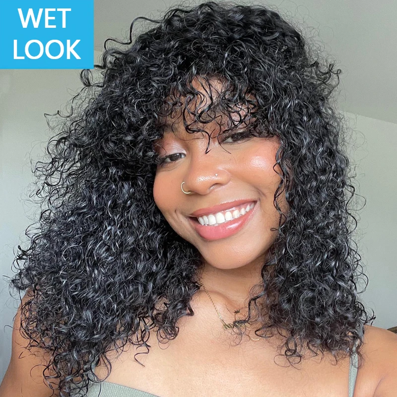 Bouncy Shaggy Bang Wig Short Curly Bob Wig With Bangs Brazilian Water Wave Wigs No Lace Curly Human Hair Full Machine Hair Wigs