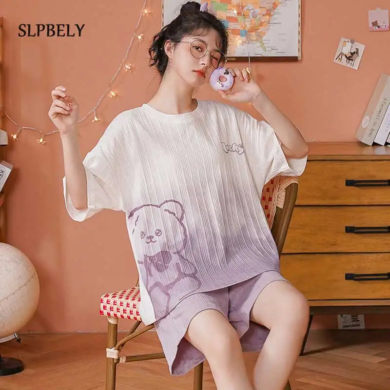 

SLPBELY Summer Women Pajamas Set Cartoon Bear Short Sleeve Nightwear Sleepwear Lovely Homewear Nightsuit Home Clothes Loungewear
