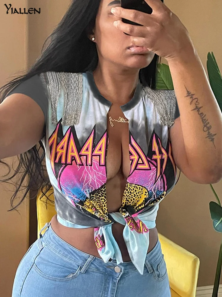 Yiallen летняя футболка с низким вырезом и принтом бахромой Женская хипстерская
