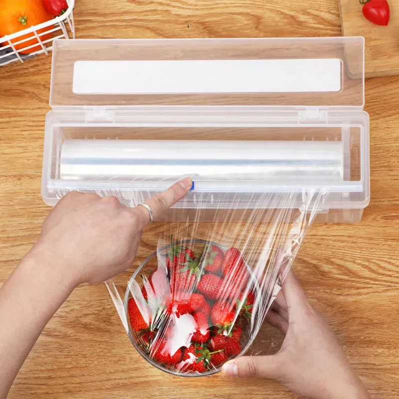 Adjustable Cling Film Plastic Food Wrap Dispenser Slide Cutter Preservation Foil Storage Box Kitchen Accessories Home Appliances