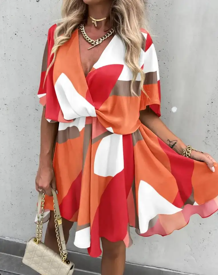 

Colorblock Batwing Sleeve Overlap Flowy Swing Dress Europe America Fashion Women's Clothing A Line Mini Vacation Women's Dresses