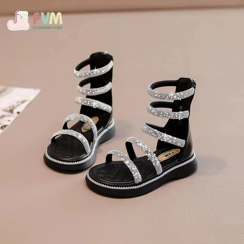 Summer Girls' Sandals With Diamond Inlaid Flats Roman Princess Shoes High Profile Open Toe Zipper Sandals Children's Sandals
