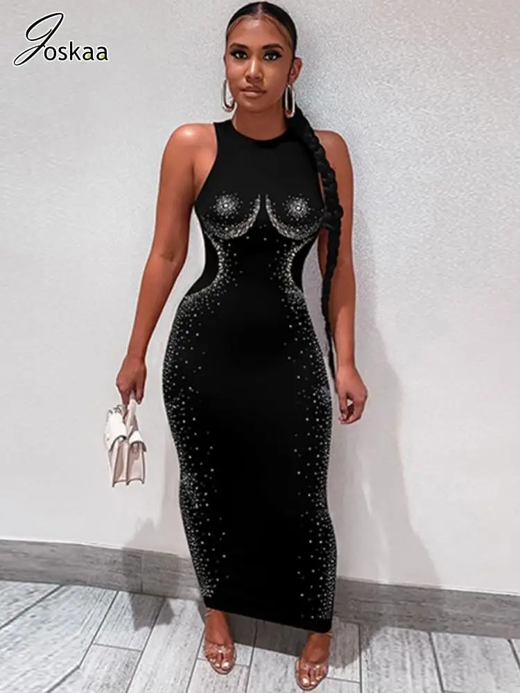 

Joskaa Sexy Rhinestone Black Long Party Dress Women Hipster O-Neck Sleeveless Body-Shaping Robe Fall 2023 Midnight Club Outfits