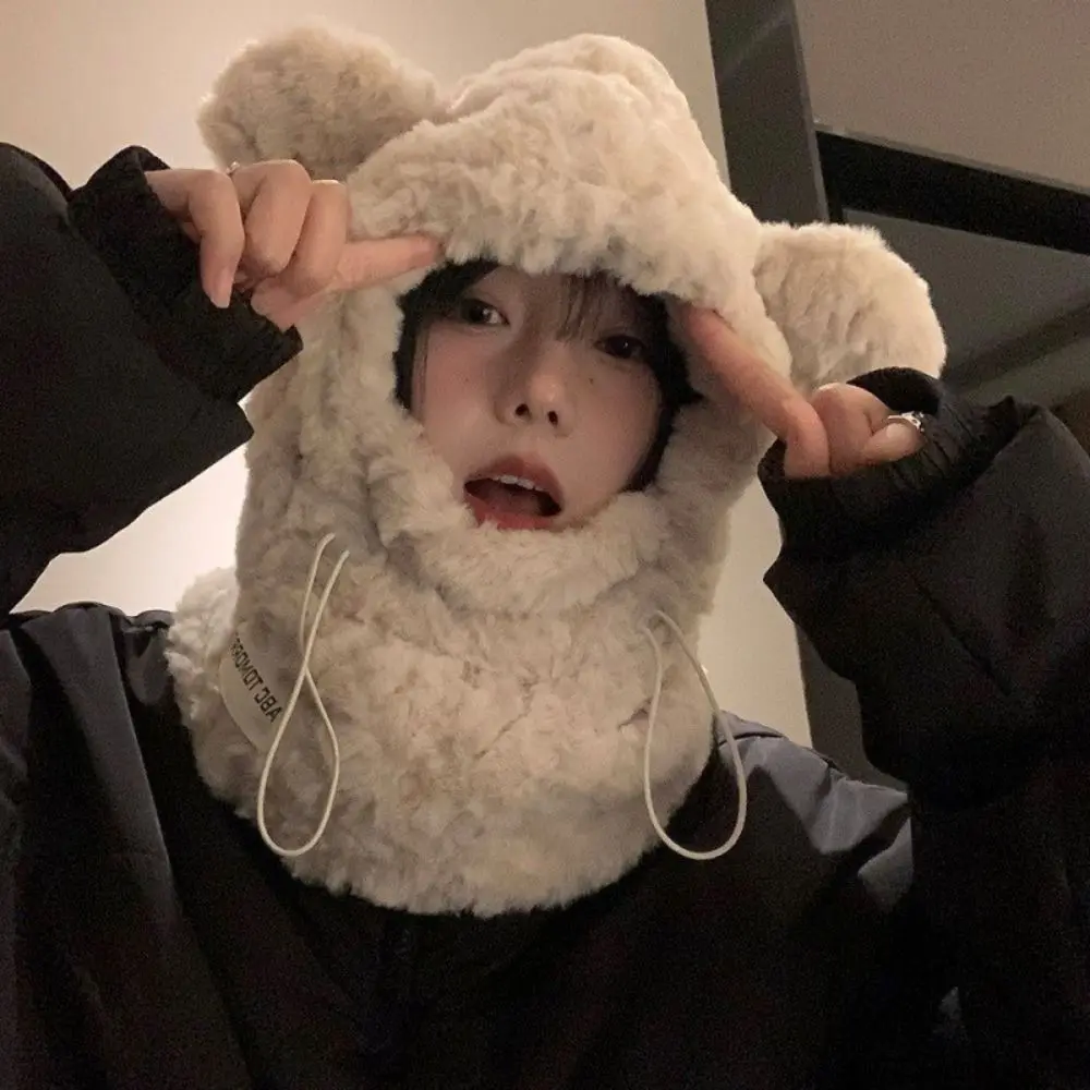 Элегантная плюшевая шапка с медвежьими ушками утолщенная на шею шарф капюшоном