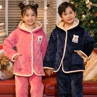autumn and winter childrens crystal fleece thickened cotton pajamas keep warm boys and girls baby homewear set with hat