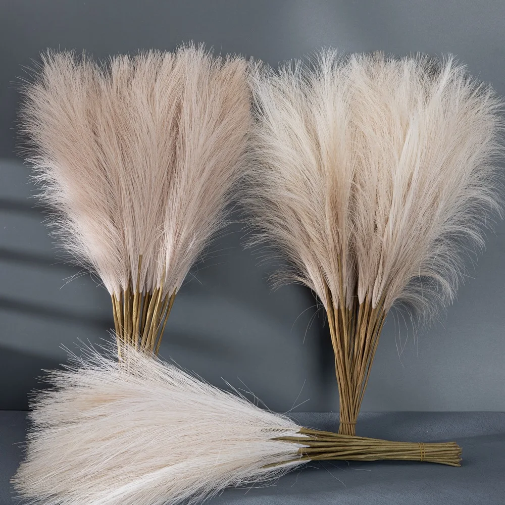 Yannew 5pcs Fluffy Artificial Pampas Grass Aesthetic Room Decoration Fake Reed Flower for Vase Filler Farmhouse Home Decor 57cm