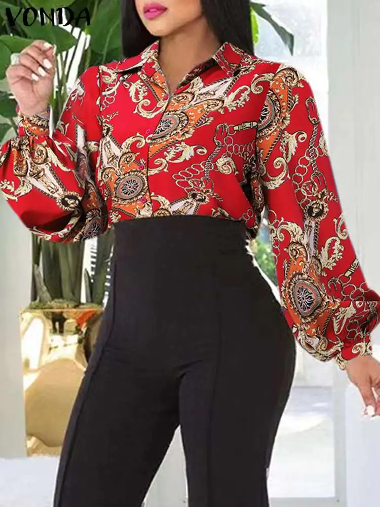 

VONDA Elegant Blouses Women Bohemian Shirts 2023 Long Lantern Sleeve Fashion Lapel Printed Vintage Blusas Femininas Casual Tops