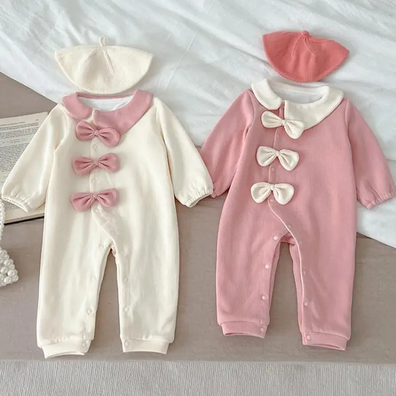 

Осенне-зимний детский флисовый кардиган с бантом для девочек, плотный комбинезон принцессы, однотонный бархатный Цельный Детский хлопковый комбинезон для маленьких мальчиков