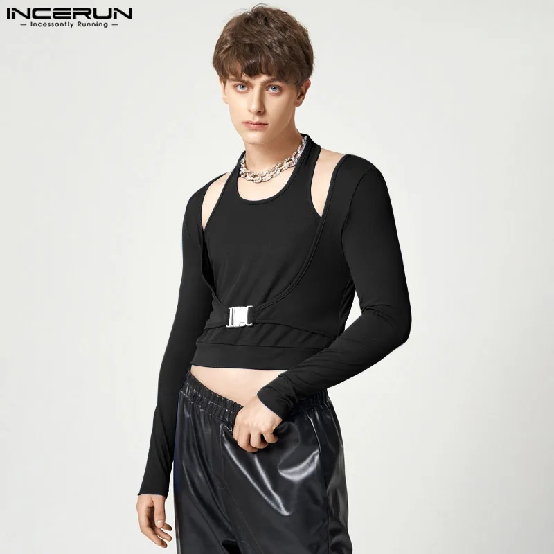 

Модные поддельные топы из двух частей INCERUN, мужская Трикотажная Однотонная рубашка с застежкой, Стильная мужская футболка с круглым вырезом...