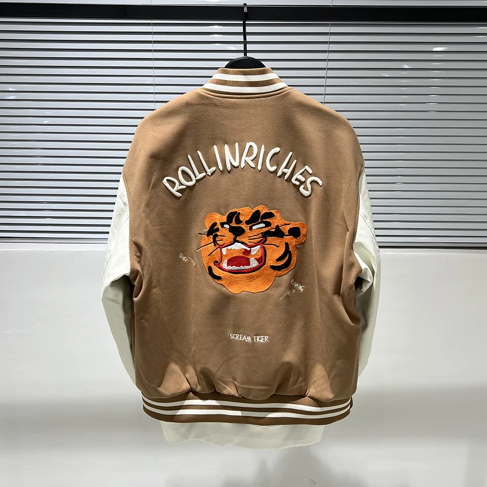 

Spring New Vibe Style Baseball Jacket Fashion Couple Tiger Embroidery Baseball Jacket Men's Brown Coat