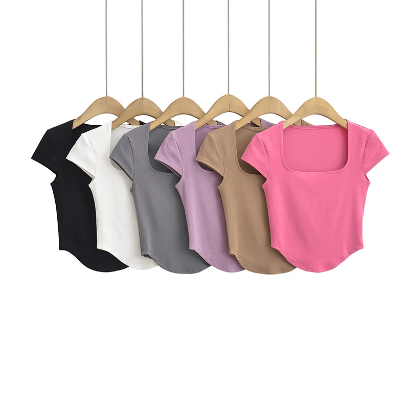 Женский укороченный топ с квадратным вырезом белый облегающий коротким рукавом