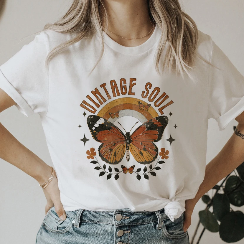 

Футболка женская с коротким рукавом, модный топ с графическим принтом 90-х, милый мультяшный принт в виде бабочки, стильная рубашка в стиле 90-...