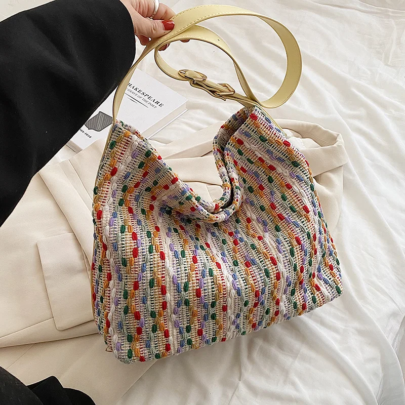 

Luxury Brand Design Women Weave Bucket Shoulder Bags Fashion Handbags and Purses Casual Fabric Crossbody Bag 2022 Summer
