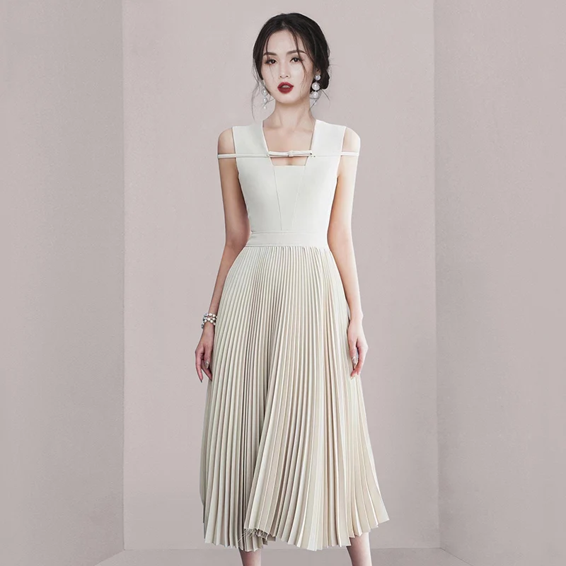 

Женское модельное Плиссированное облегающее платье, шикарное дизайнерское однотонное офисное платье миди без рукавов с квадратным вырезом, лето 2023